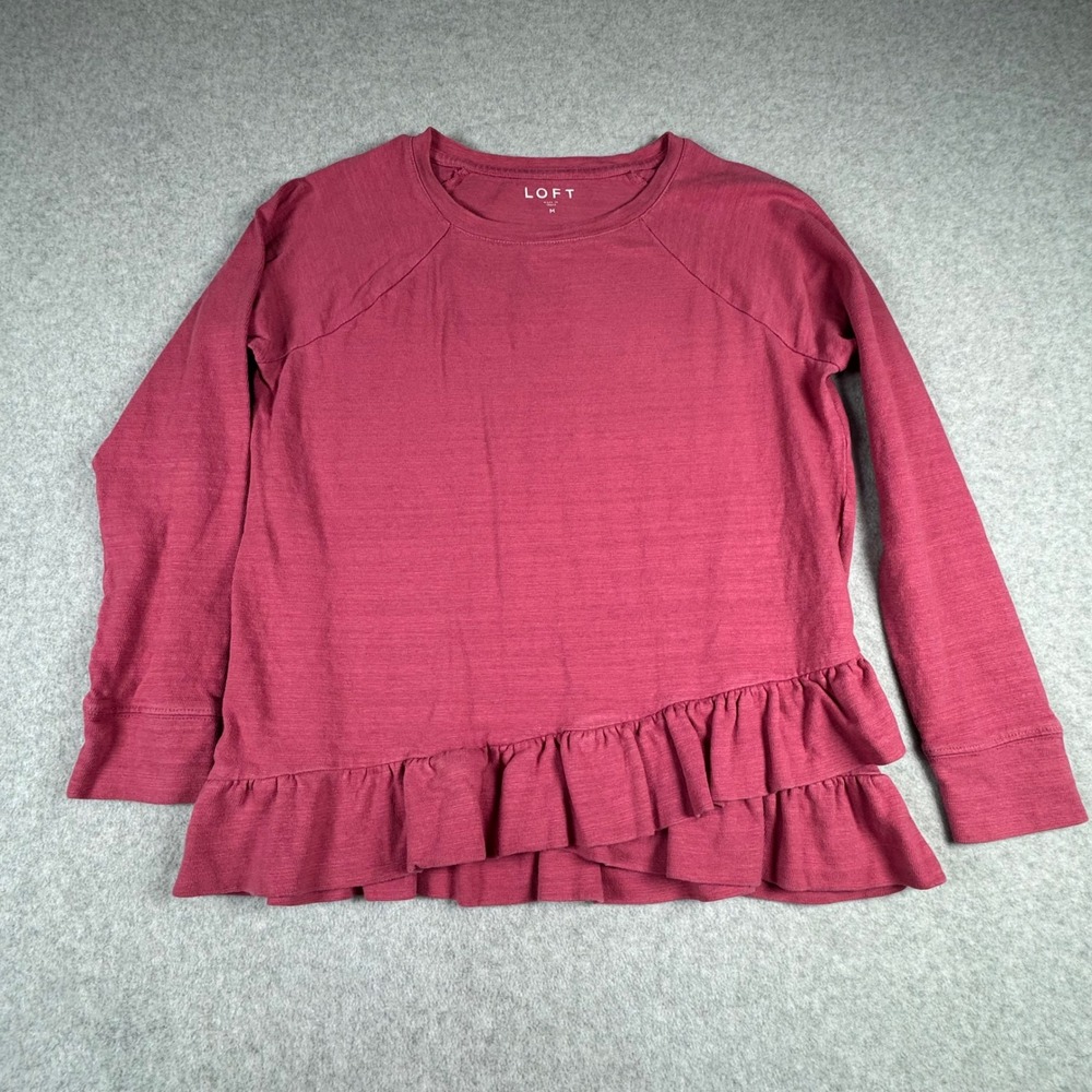 Loft Womens Medium Berry Pink Ruffle Hem Long Sleeve Cotton Slub Knit Top